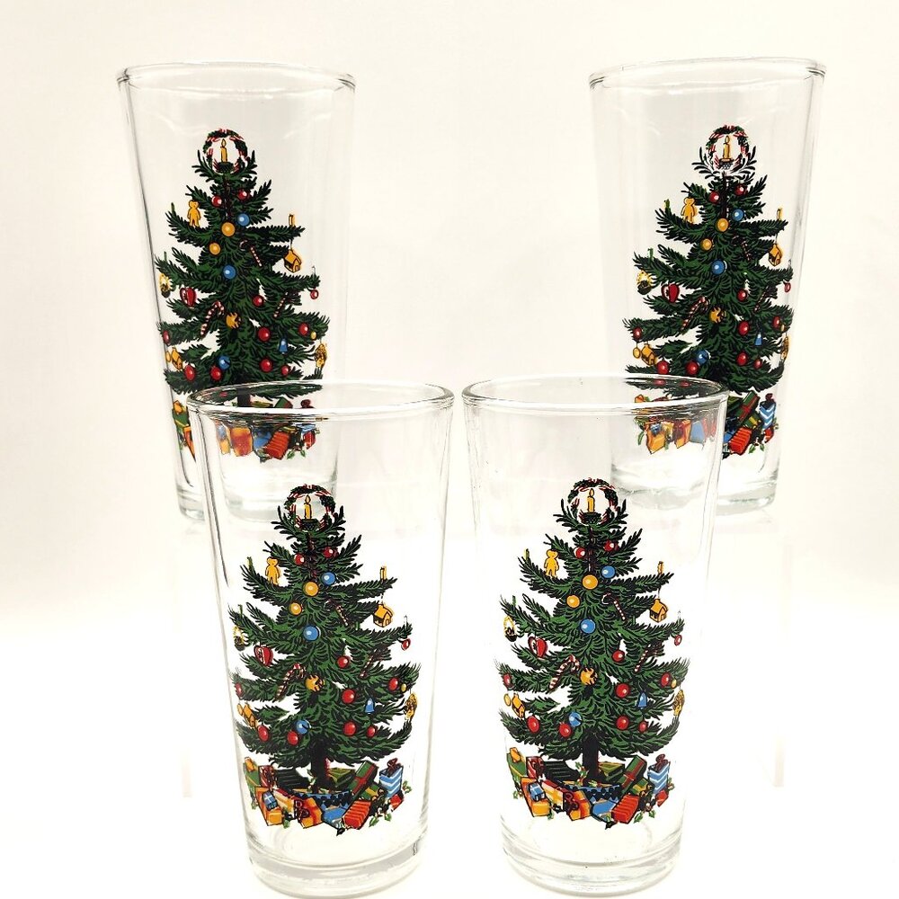 Vintage CHRISTMAS TREE Drinking Glasses Set of 4 EXCELLENT KIG Cocktail Tumblers